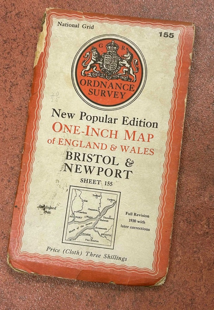 Vintage Ordnance Survey One Inch Cloth Map, Bristol & Newport, 155, 1946
