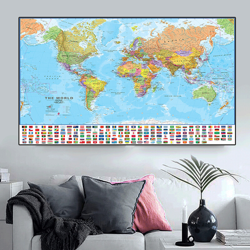 225*150cm The World Political Map with National Flags Non-woven Canvas Painting