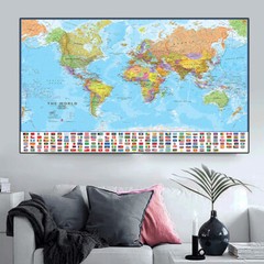 225*150cm The World Political Map with National Flags Non-woven Canvas Painting