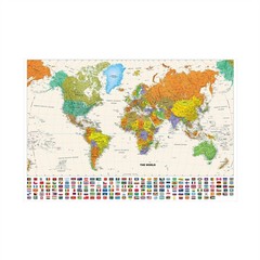 Classic English World Wall Map with Flags Lager Internation Poster