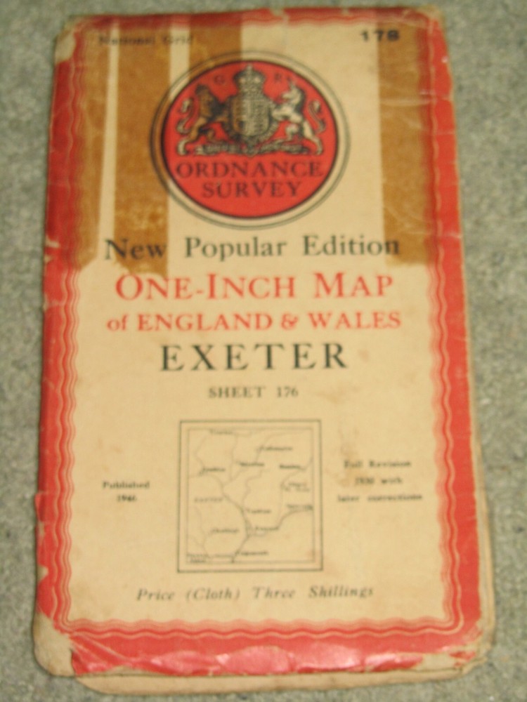 OS Ordnance Survey 1″ New Popular Edition sheet 176 Exeter – 1946 on cloth