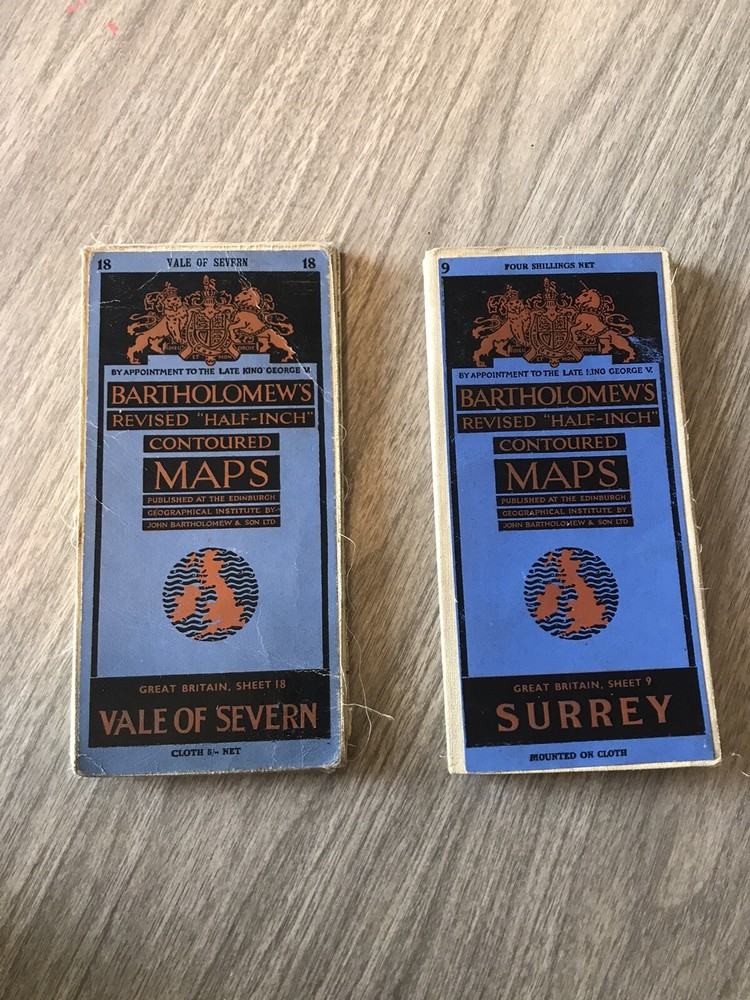 Two vintage Bartholomew’s half inch contoured maps – Vale of Severn & Surrey