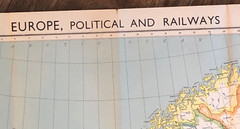 Europe and Mediterranean 1957 political map with rail, air and shipping routes