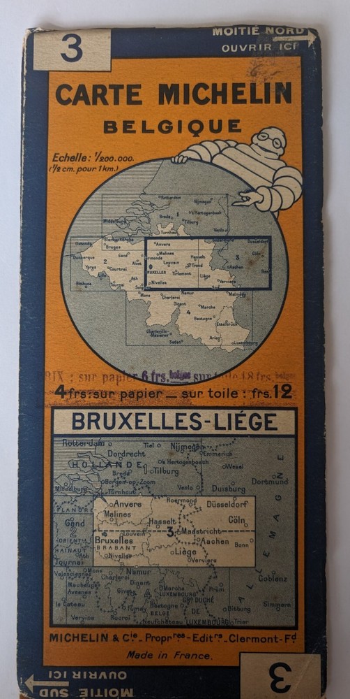 1927 Vintage Michelin Map No. 3 Belgium, Bruxelles – Liege