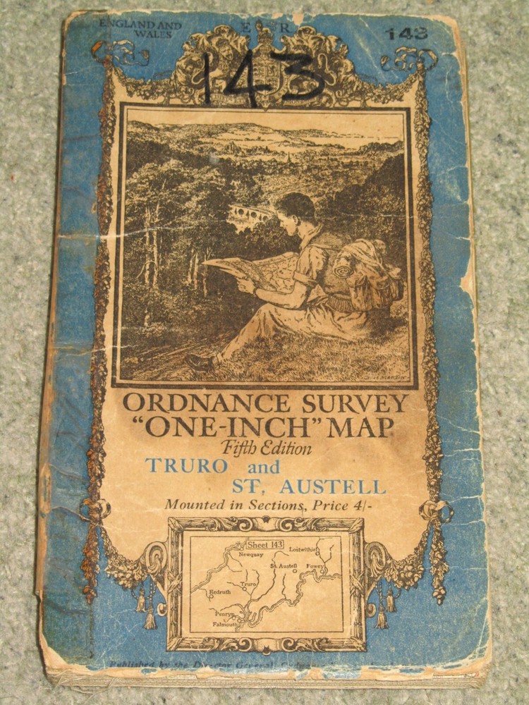 Ordnance Survey 1″ Fifth edition, sheet 143 Truro & St Austell; 1938 diss. cloth