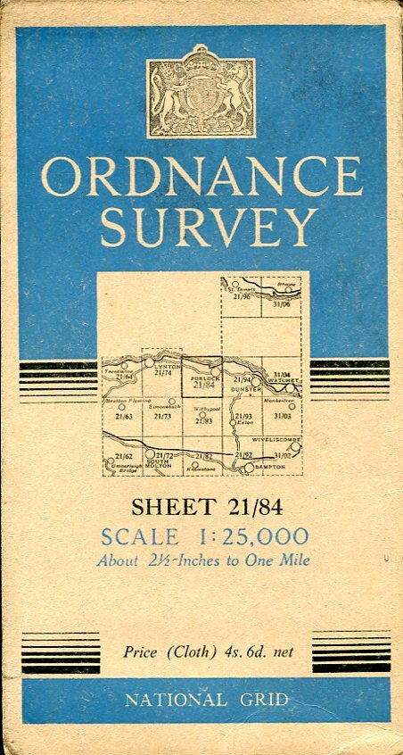 1949 vintage OS Ordnance Survey 1:25,000 Linen backed Sheet 21/84 Porlock