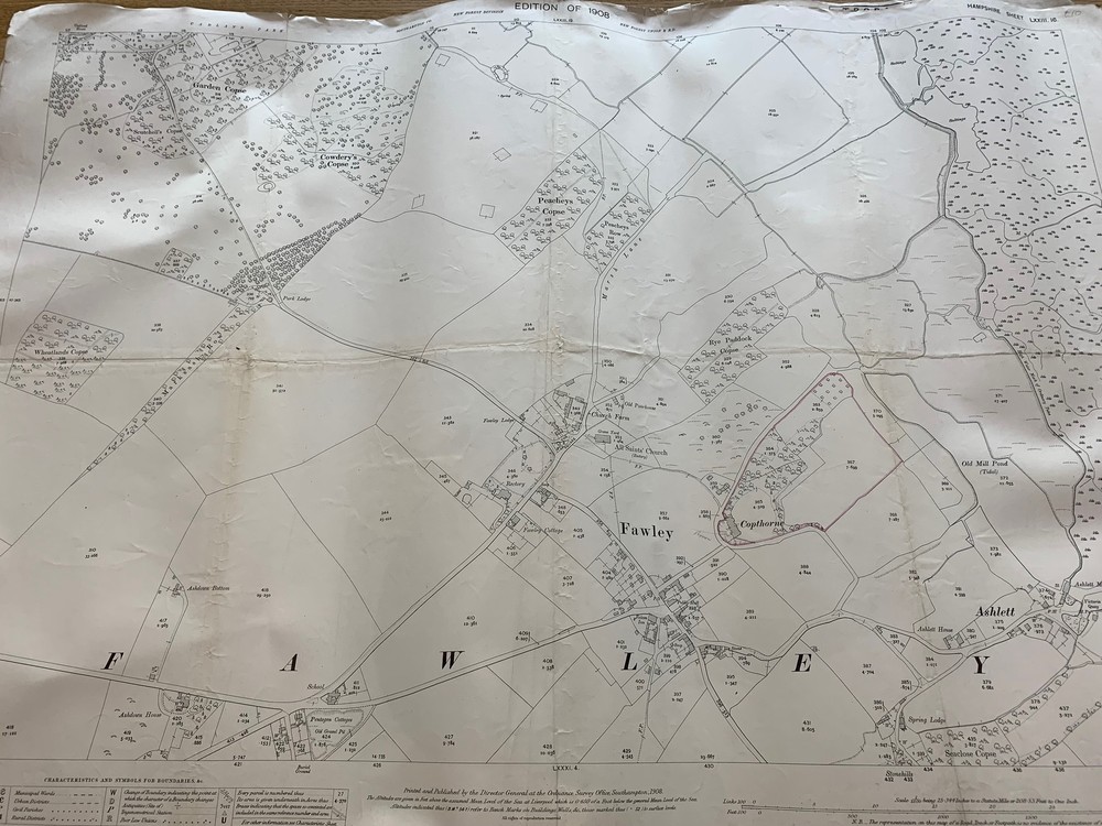 ORIG LARGE SCALE OS MAP HAMPSHIRE . FAWLEY. COPYTHORN DIV LXX111 1908