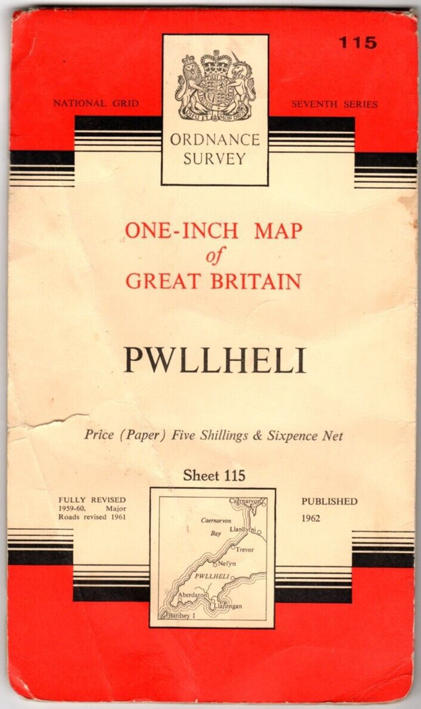 Old Vintage 1960 OS Ordnance Survey One-Inch Map 115 – Pwllheli