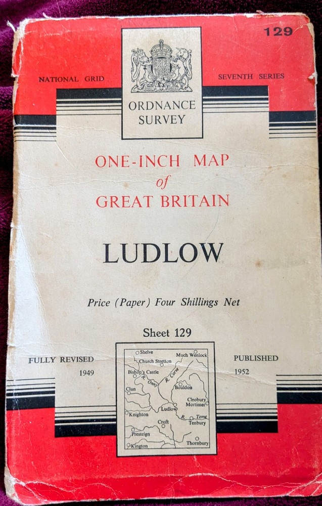 OS Ordnance Survey One Inch Paper Map,of Ludlow, Sheet 129, 1952