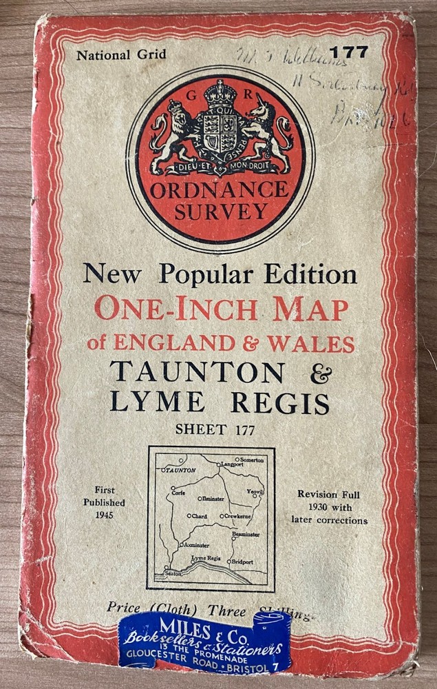 Ordnance Survey New Popular Ed. 1 in Map Taunton & Lyme Regis sheet 177, 1945