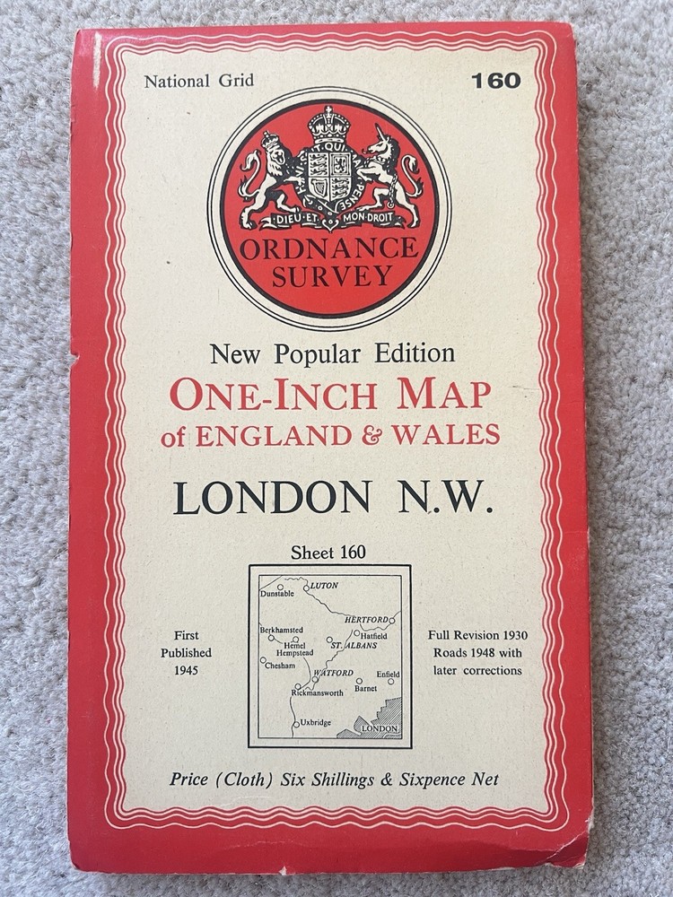 Ordnance Survey Vintage Cloth Map 1952 50s London NW Watford Luton Free Post UK