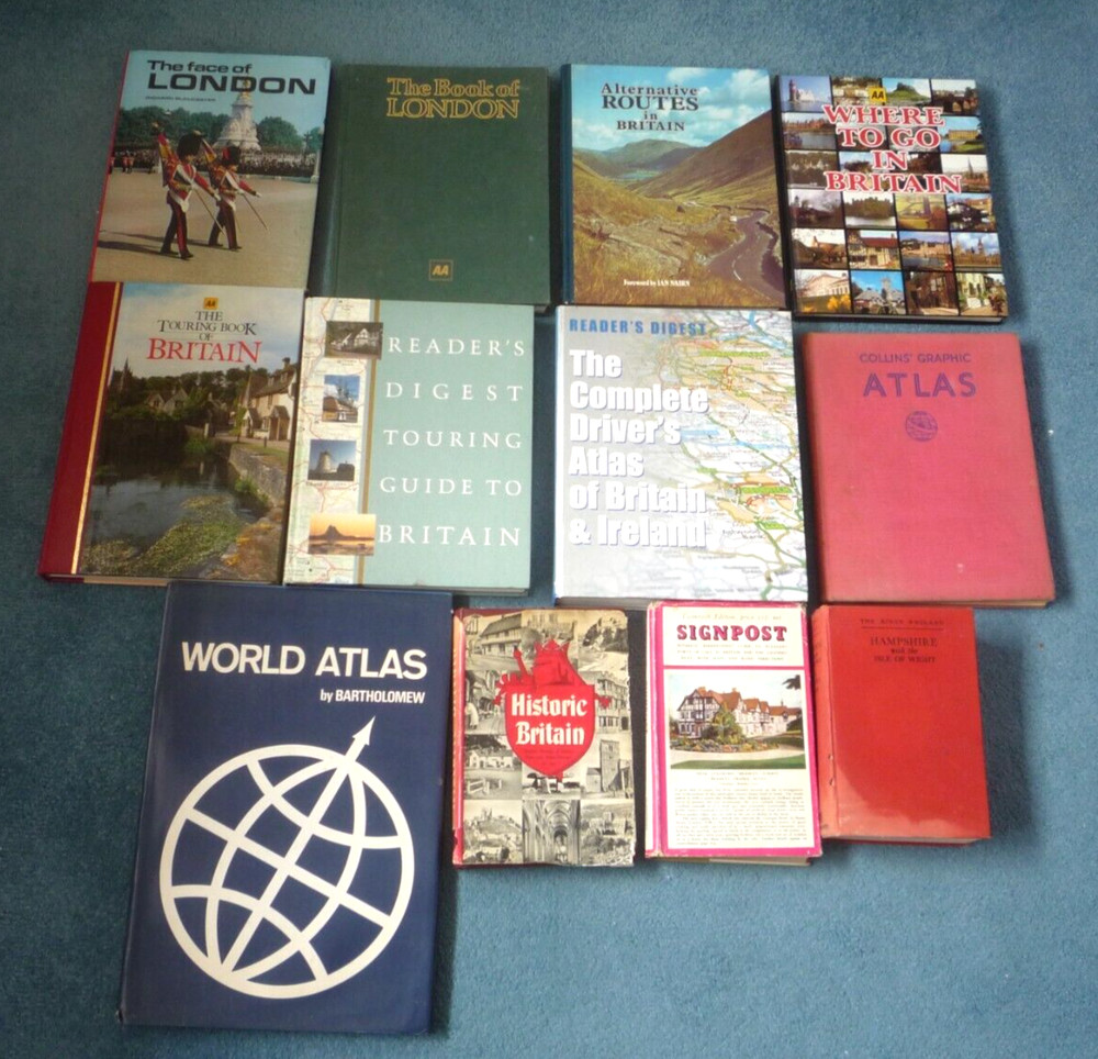 VINTAGE BRITISH ROAD MAPS / GUIDES AND WORLD ATLAS – HARD BACK – JOB LOT