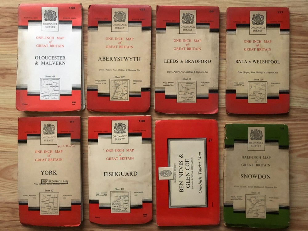 Job lot of 8 vintage Ordnance Survey folded maps, C.1950s/60s, various UK