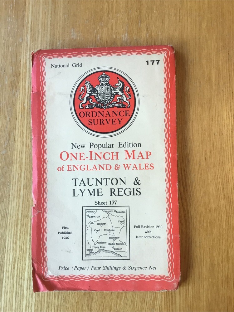 1946 Ordnance Survey One Inch Popular Edition Map 177 Taunton And Lyme Regis