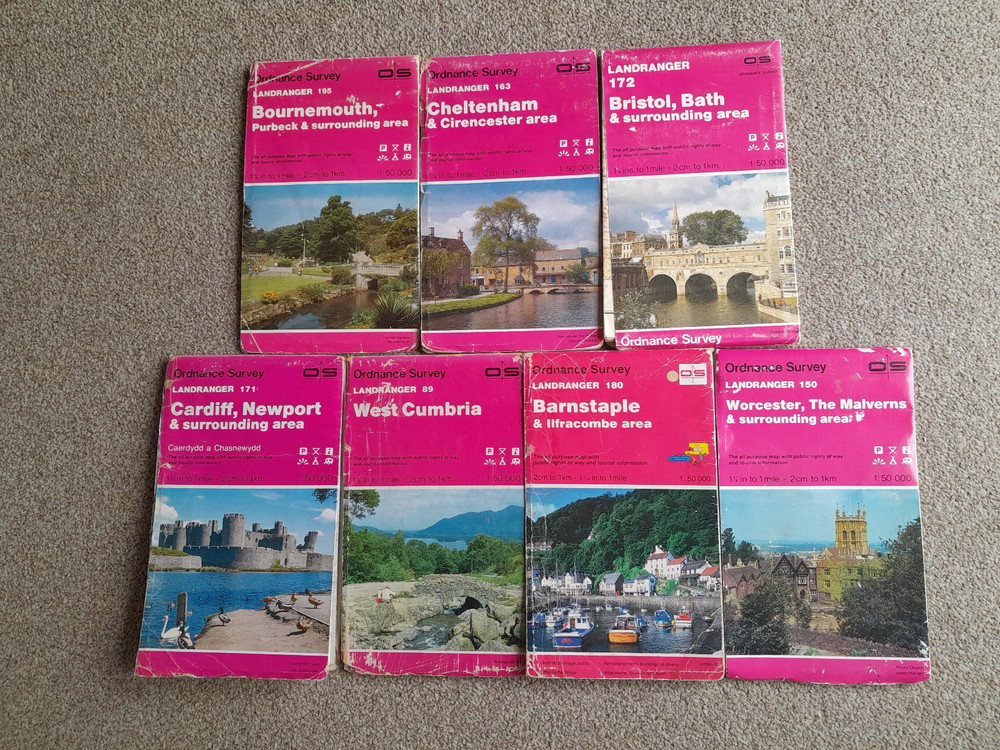 ORDNANCE SURVEY LANDRANGER JOB LOT OF 7 MAPS IN ACCEPTABLE CONDITION.