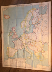 Europe and Mediterranean 1957 political map with rail, air and shipping routes