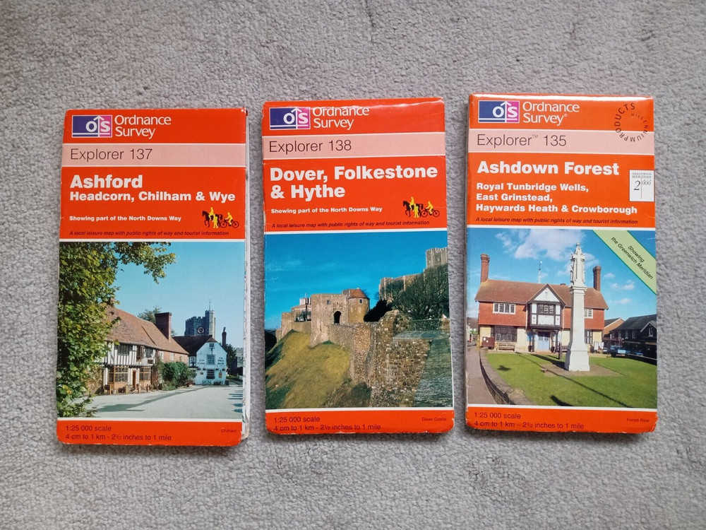 3 Vintage Ordnance Survey Maps ASHDOWN FOREST + ASHFORD + DOVER FOLKESTONE HYTHE