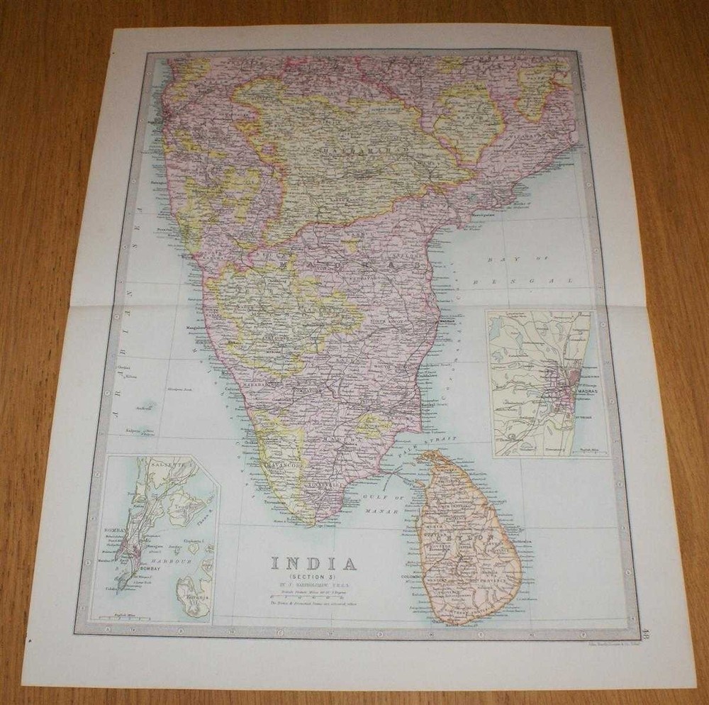 Map: 1890 India Ceylon Sri Lanka, Madras & Bomba from Library Reference Atlas