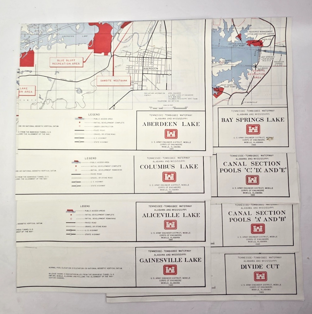 Lot of 9 1985 Tennessee -Tombigbee USACOE Maps Recreational lakes & Bay Springs