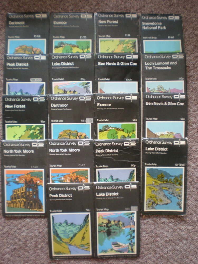 2.95 EACH BLACK TOURIST LAKES PEAK ORDNANCE SURVEY MAPS, Explorer, 1970’s, TOUR