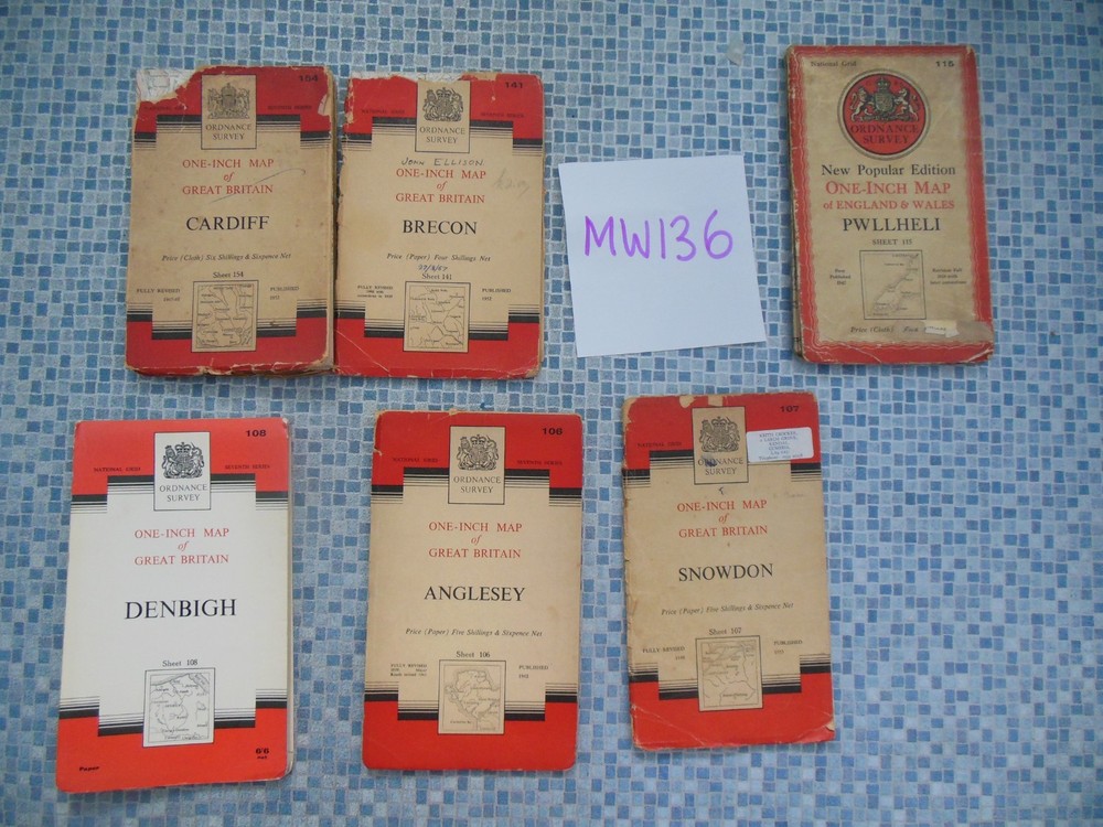 6x 1950’s Ordnance Survey One Inch Maps Wales Snowdon Brecon Cardiff Denbigh