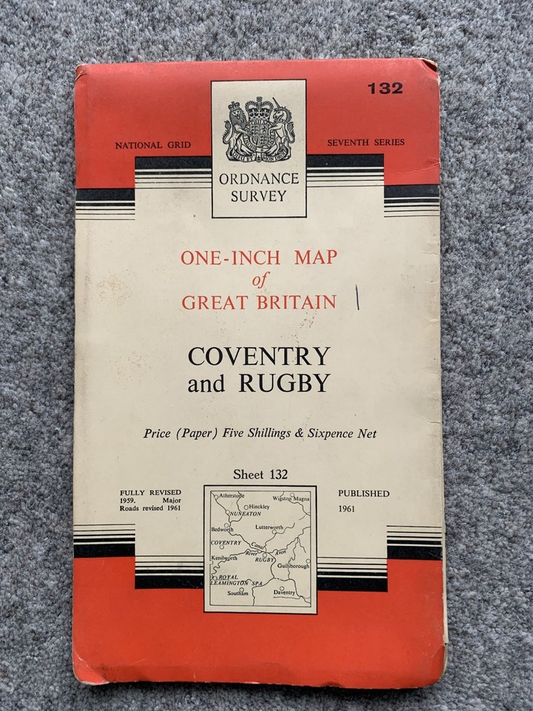 One Inch Ordnance Survey Map Sheet 132 Coventry & Rugby – paper – published 1961