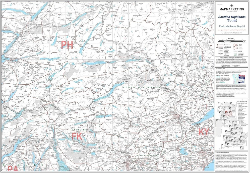 Postcode Sector Wall Map 28 Scottish Highlands – Motorway A & B Road (Paper)