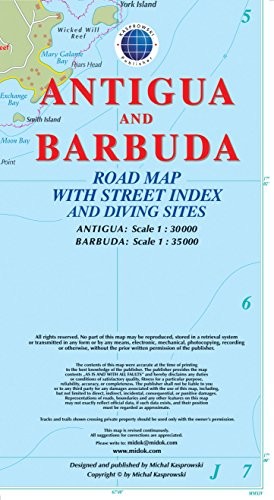 ANTIGUA AND BARBUDA ROAD MAP WITH STREET INDEX AND DIVING By Kasprowski NEW