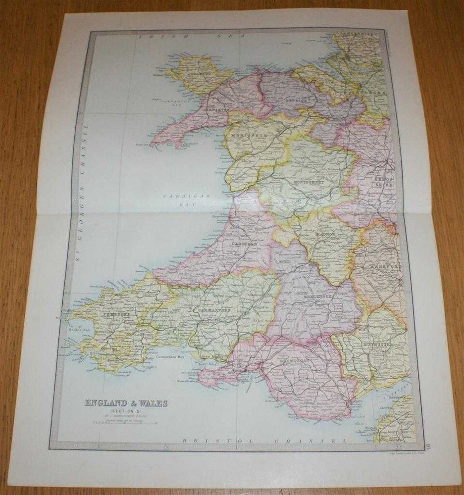 Map: 1890 England & Wales, Section 5 covering Wales from Library Reference Atlas