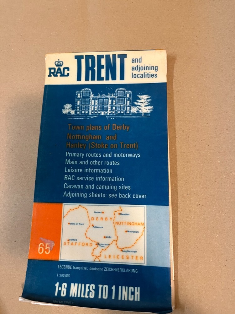 Retro 1970s RAC Map Trent Derby Nottingham Stoke on Trent Hanley