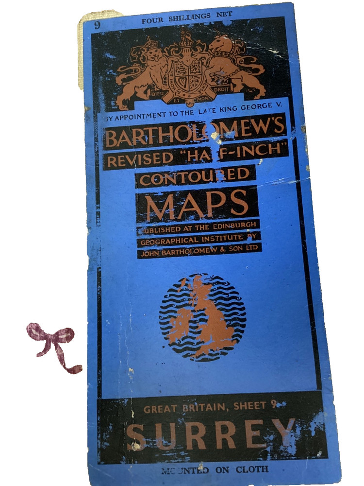 Vintage Bartholomew’s Revised Half-Inch Contoured Map on Cloth 1945 Surrey