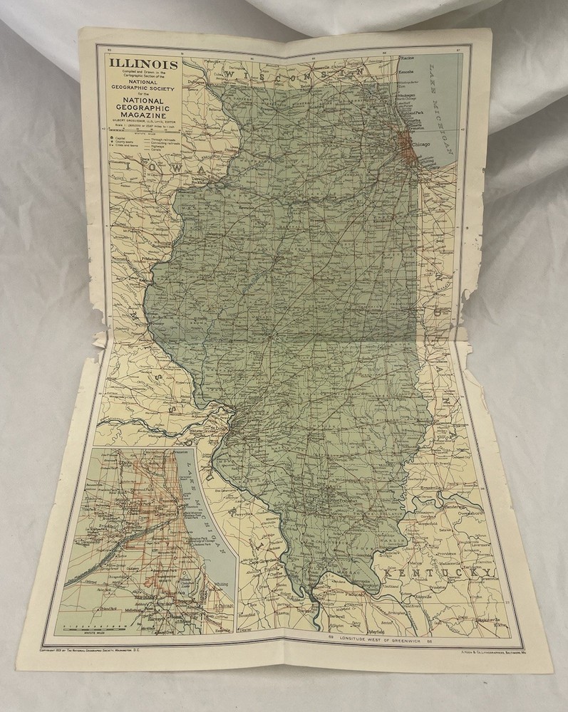 Vintage National Geographic Map Illinois May 1931