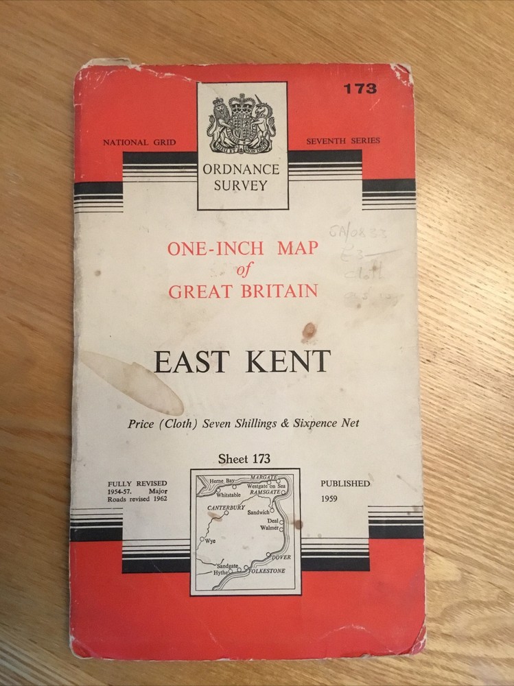 1963 Ordnance Survey One Inch Seventh Series Cloth Map 173 East Kent inc Margate