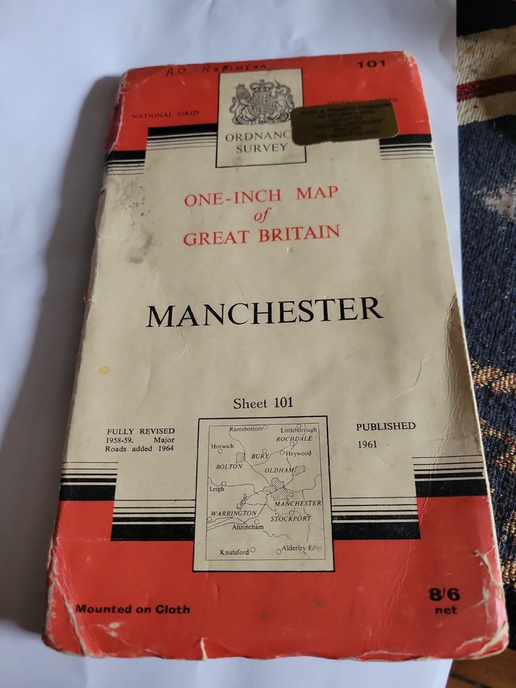 Vintage Road Map Of England Manchester Stockport Oldham Middleton Stretford