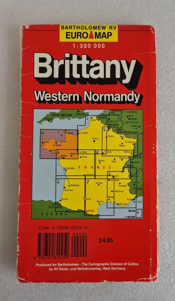 Vintage Bartholomew Euro Paper Map of Brittany + West Normandy