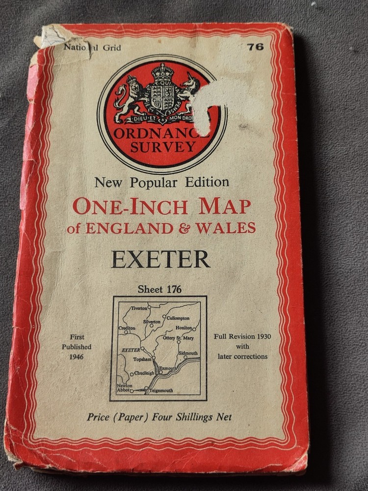 Vintage 1946 Ordnance Survey – One Inch Paper Map of Exeter – Sheet 176 (O5)