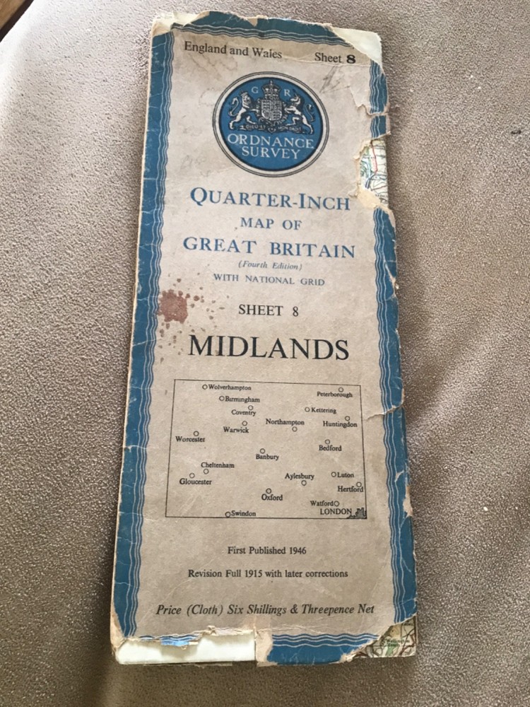 MIDLANDS 1946 Ordnance Survey Paper Sheet 8 Quarter Inch Map Fourth Edition