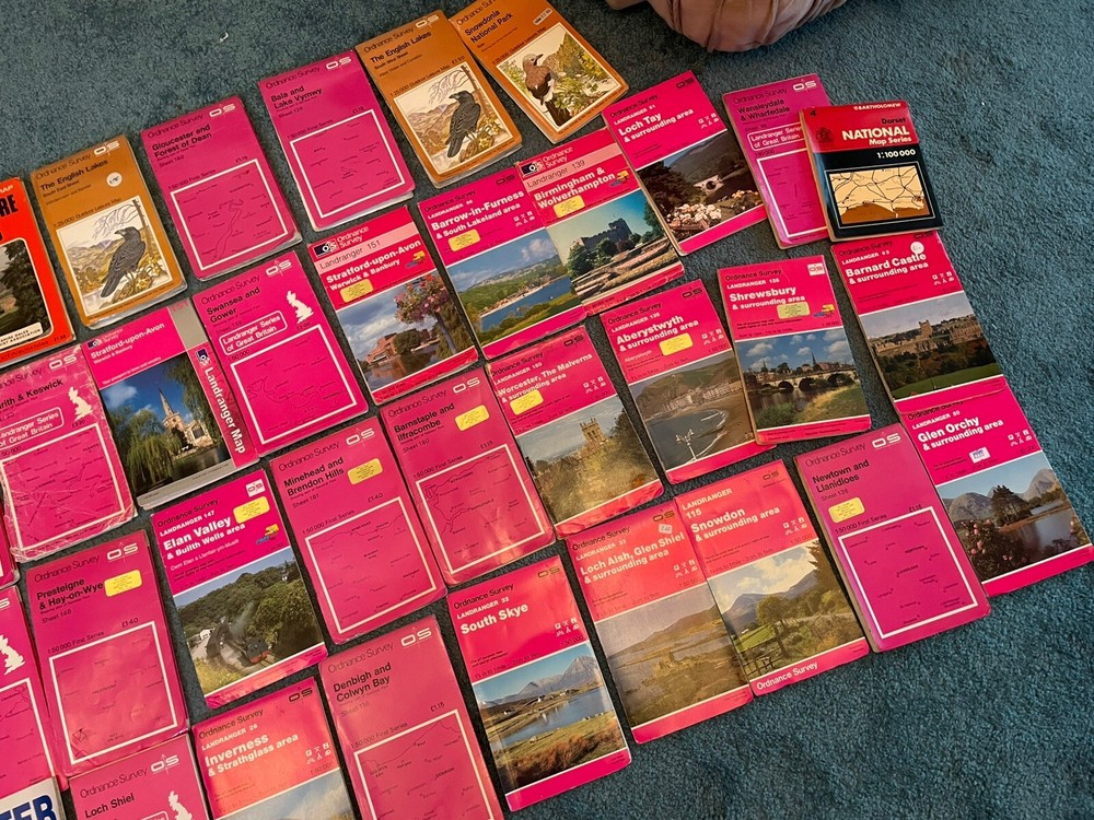 40 Ordnance Survey OS Landranger Maps UK Great Britain Bundle Pink Modern Old