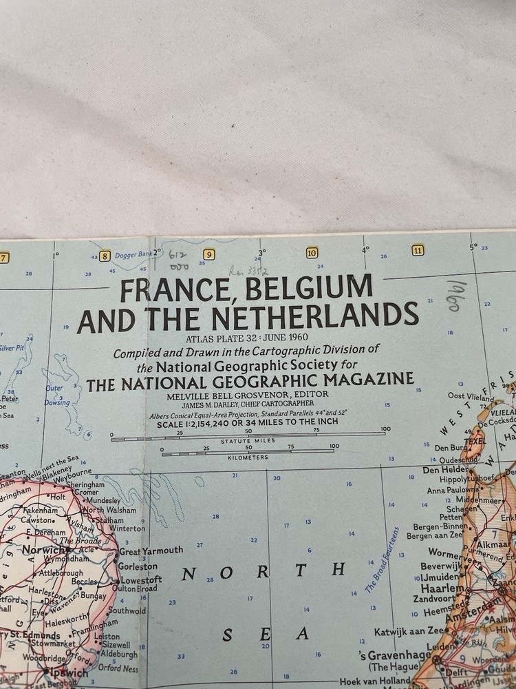 Vintage National Geographic Map France, Belgium And The Netherlands June 1960