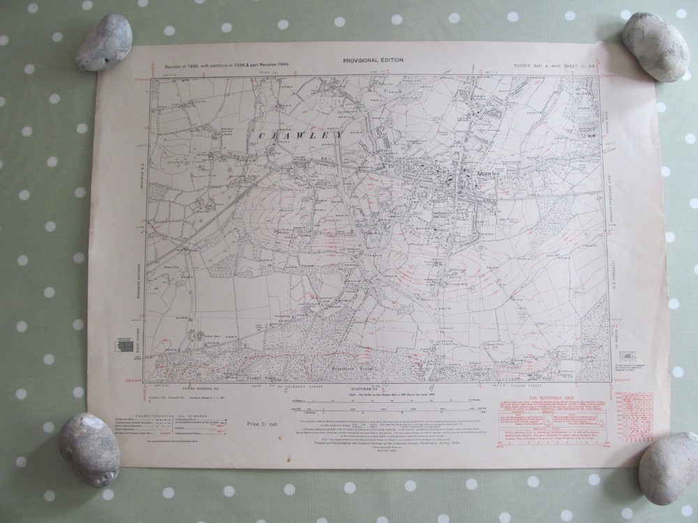 VINTAGE OS MAP OF THE CRAWLEY AREA SUSSEX DATED 1952 SIX INCHES – ONE MILE