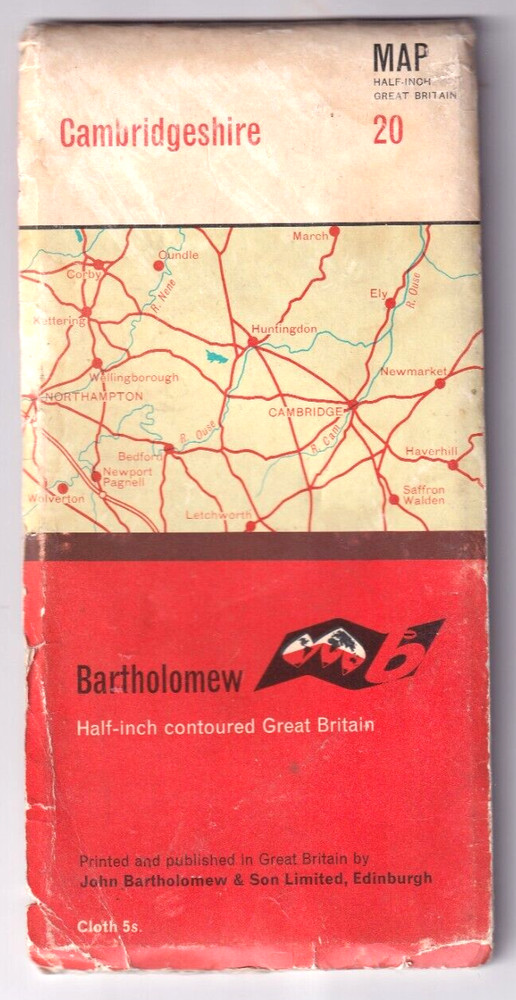 CAMBRIDGESHIRE – Bartholomew half inch contoured map (cloth)
