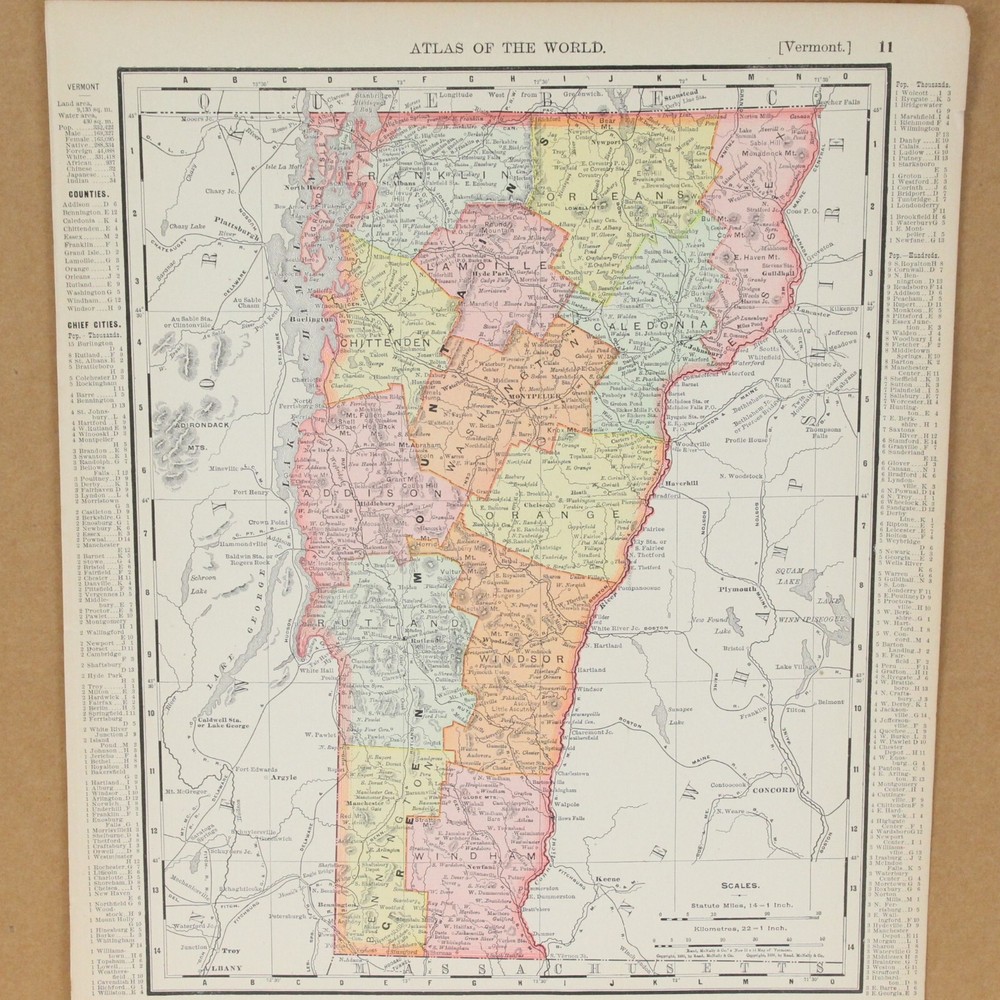 Vermont and Massachusetts Rand McNally 1898 Atlas of the World 14″ x 11″