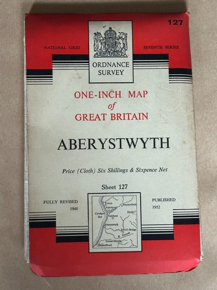 OS Ordnance Survey One Inch Cloth Map, of Aberystwyth, no 127, 1952