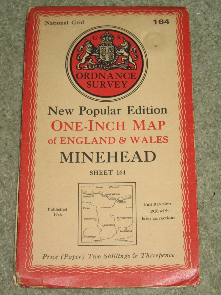 OS Ordnance Survey 1″ New Popular Edition 164 Minehead – 1946 on paper