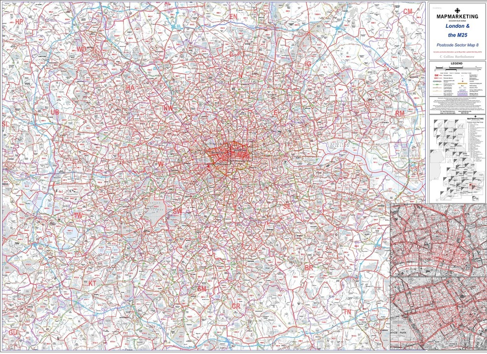 Sector Map 8 Postcode London & M25 Wall Map With Motorway A & B Roads Paper Form