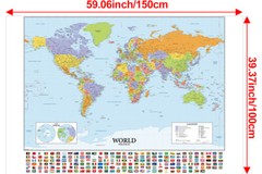 150x100cm World Map With Flags Educational Geography Print Poster Art Wall