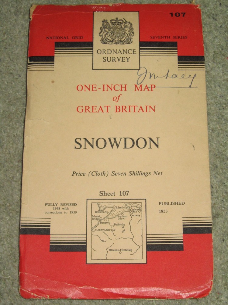 OS Ordnance Survey 1″ Seventh Series 107 Snowdon – 1959 on cloth