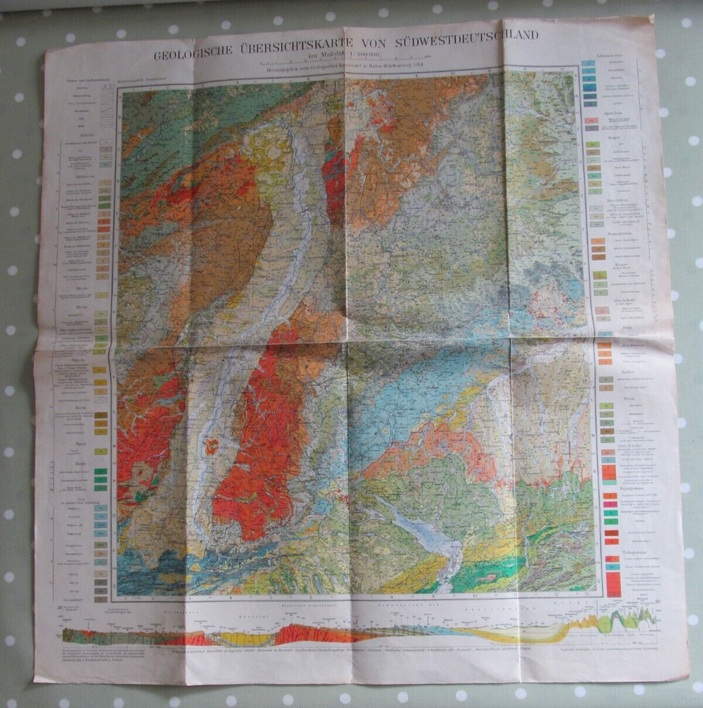 VINTAGE GERMAN GEOLOGICAL MAP OF SOUTH WEST GERMANY 1 : 600 000 DATED 1954