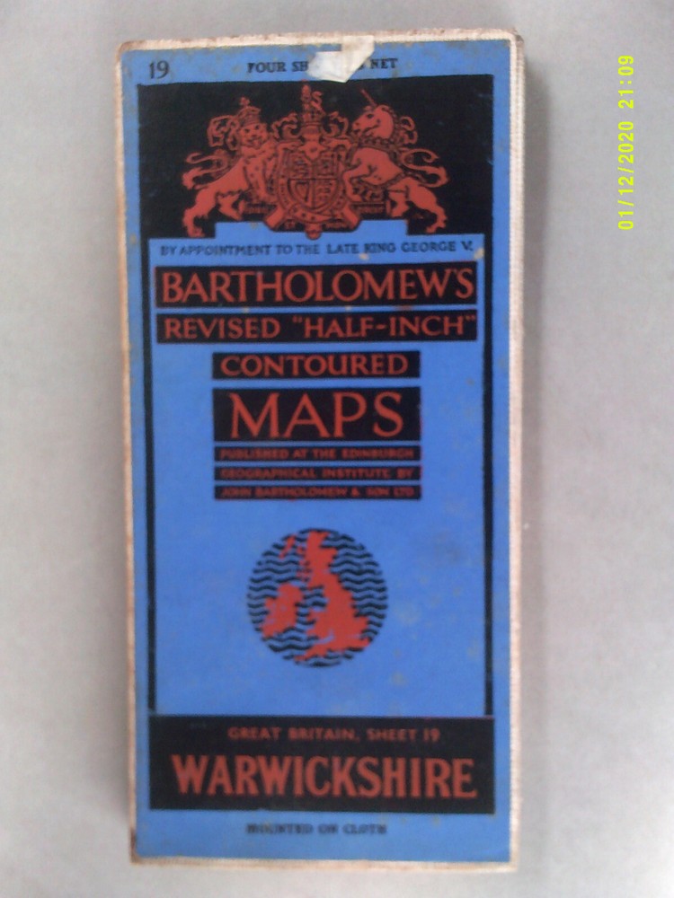 Bartholomew’s Half-Inck Map on Cloth. Sheet 19. WARWICKSHIRE. VG.
