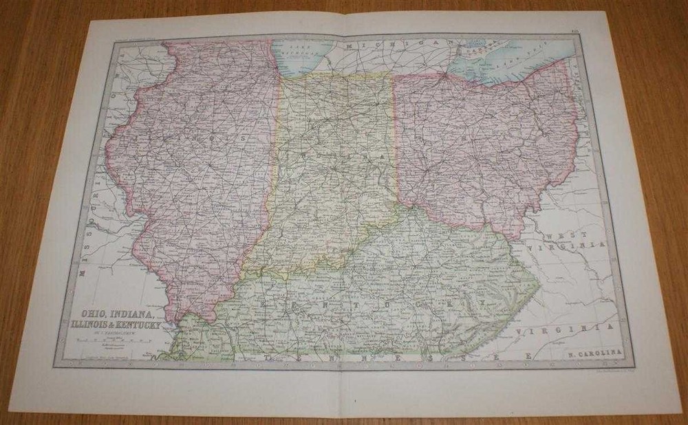 Map: 1890 USA: Ohio, Indiana, Illinois and Kentucky from Library Reference Atlas